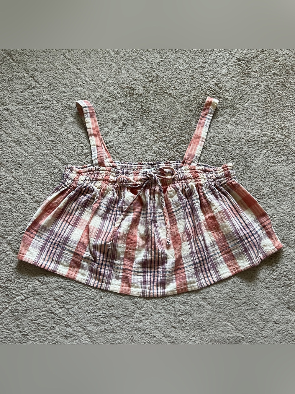 American Eagle Plaid Swing Cami Crop Top Smocked Tie Front Western Cottage Sz M
